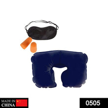 Travel kit with pillow, ear buds, and eye mask.