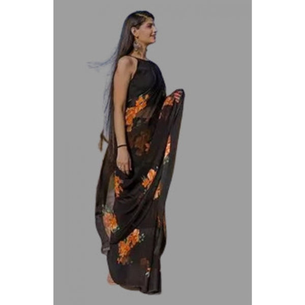 Generic Women's Satin Patta Printed Saree With Unstitched Blouse (Orange)