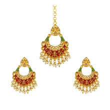 Generic Women's Rose Gold Plated Alloy Kundan Earrings & Mangtikka (Red & Green)