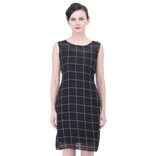 Generic Women's Cotton Blend Checked Sleeveless Sheath Dress (Black)