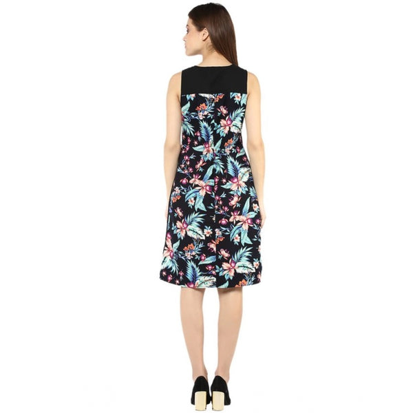 Generic Women's Polyester Printed Sleeveless Above Knee Dress (Black - Multicolor)