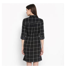 Generic Women's Polyester Checkered Roll Up Sleeve Above Knee Dress (Black - White)