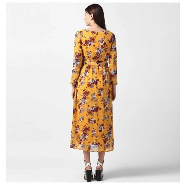 Generic Women's Polyester Floral Long Sleeves Calf-length Dress (Yellow)