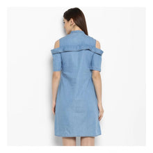 Generic Women's Denim Solid Cold Shoulder Above Knee Dress (Blue)