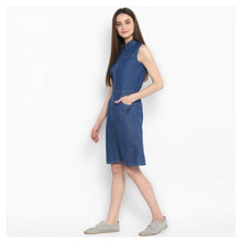 Generic Women's Denim Solid Sleeveless Above Knee Dress (Blue)