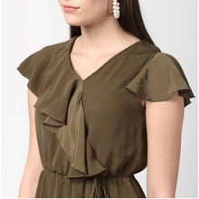 Generic Women's Polyester Ruffled Cap Sleeve Knee-Length Dress (Olive)