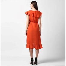 Generic Women's Polyester Ruffled Cap Sleeve Knee-Length Dress (Orange)