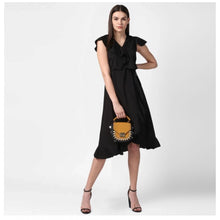 Generic Women's Polyester Ruffled Cap Sleeve Knee-Length Dress (Black)