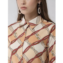 Generic Women's Polyester Printed Roll Up Sleeve Above Knee Dress (Off White - Brown)