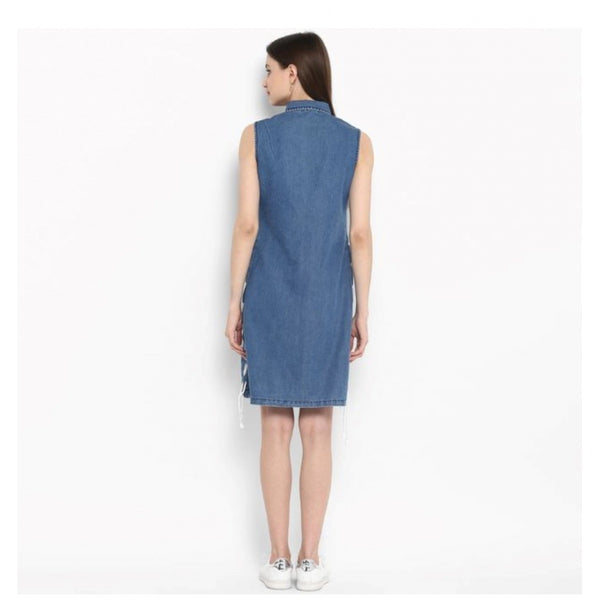 Generic Women's Denim Solid Sleeveless Above Knee Dress (Blue)