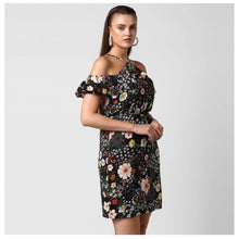 Generic Women's Polyester Floral Cold Shoulder Above Knee Dress (Black)