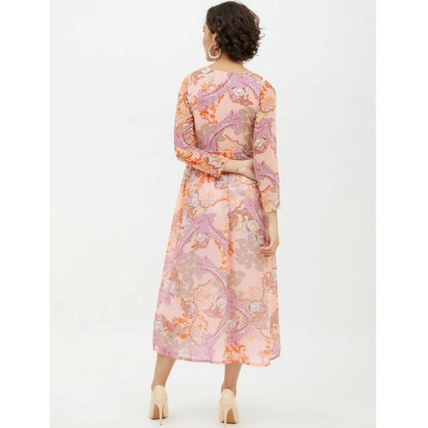 Generic Women's Polyester Printed Long Sleeves Calf-length Dress (Multicolor)