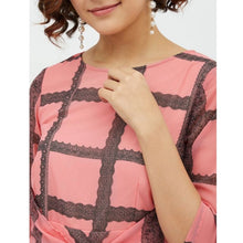 Generic Women's Polyester Checkered 3-4th Sleeves Below Knee Dress (Pink)