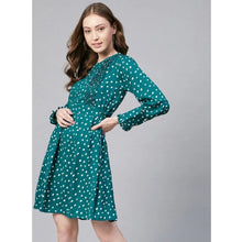 Generic Women's Polyester Polka Long Sleeves Above Knee Dress (Green - White)