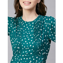 Generic Women's Polyester Polka Long Sleeves Above Knee Dress (Green - White)