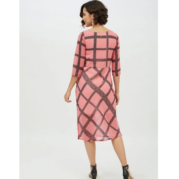 Generic Women's Polyester Checkered 3-4th Sleeves Below Knee Dress (Pink)