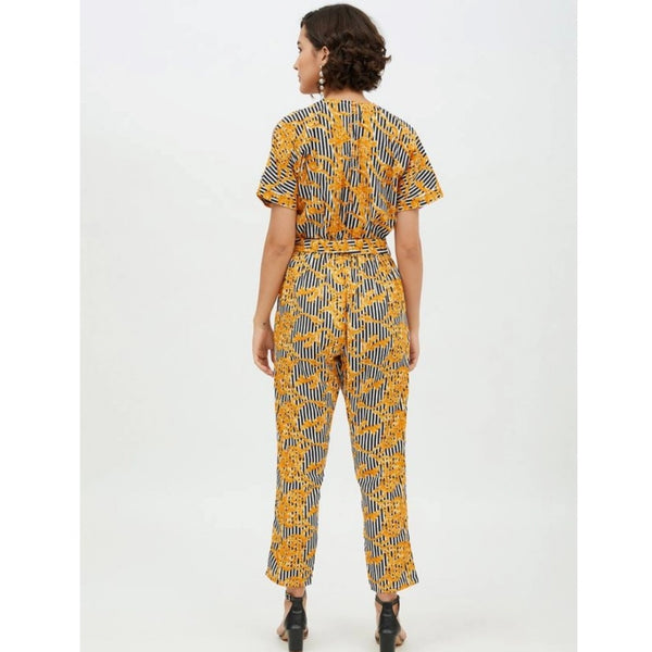 Generic Women's Polyester Printed Half Sleeve Long Jumpsuit (Yellow)