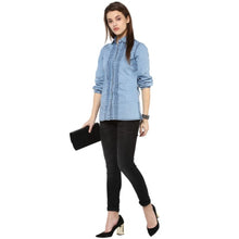 Generic Women's Denim Solid 3-4th Sleeves Standard Length Shirt (Blue)