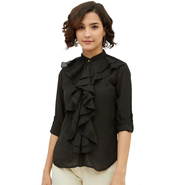 Generic Women's Polyester Ruffled Long Sleeves Standard Length Shirt (Black)