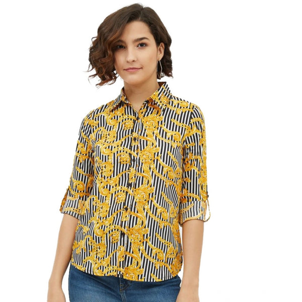 Generic Women's Polyester Printed Roll Up Sleeve Standard Length Shirt (Mustared)