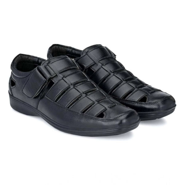 Generic Men's Casual Faux Leather Solid Velcro Sandal (Black)