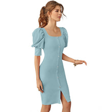 Generic Women's Knitting stretchable Solid Square Neck 3-4 Puff Sleeve Dress (Pista)