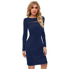 Generic Women's Knitting stretchable Solid Round Neck Full Sleeve Dress (Blue )