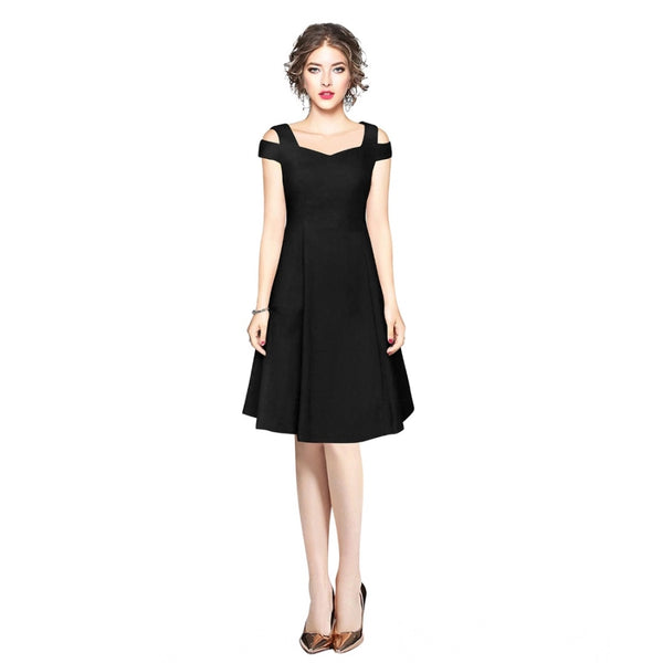 Generic Women's Polyester Solid V Neck Cap Sleeve off Shoulder Dress (Black)
