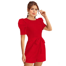 Generic Women's Knitting stretchable Solid Round Neck 3-4 Puff Sleeve Dress (Red )