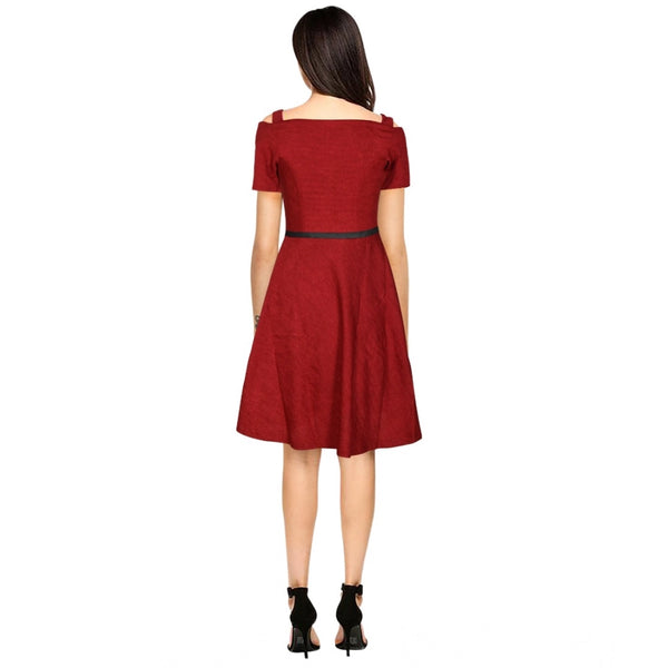 Generic Women's Polyester Solid V Neck Cap Sleeve Dress (Maroon)