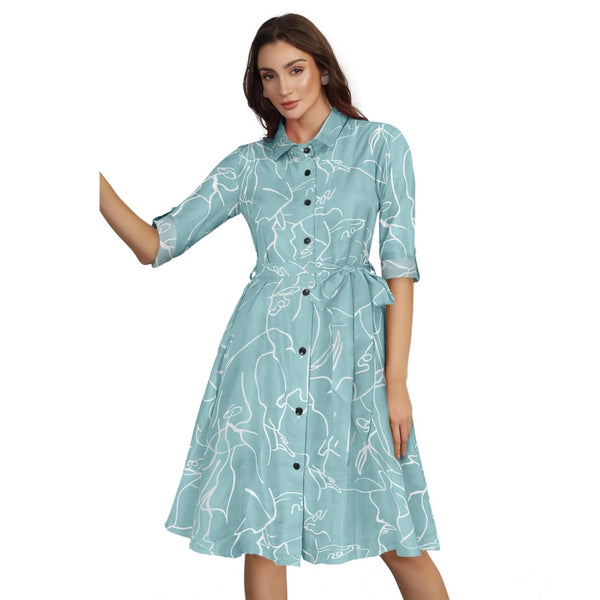 Generic Women's Ruby Cotton Printed Shirt Collar 3-4th Sleeve Dress (Pista)