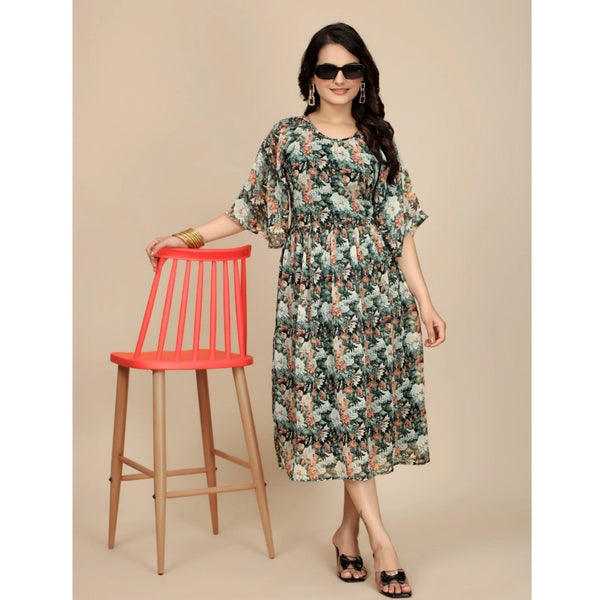 Generic Women's Georgette Printed Round Neck Short Sleeve Dress (Black)