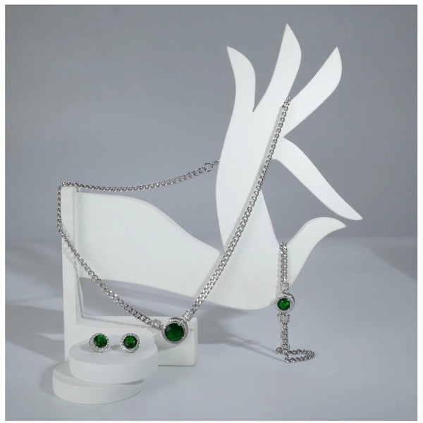 Generic Women's Stainless Steel Green Color Silver Chain Western Combo Jewelry (Silver Plated)