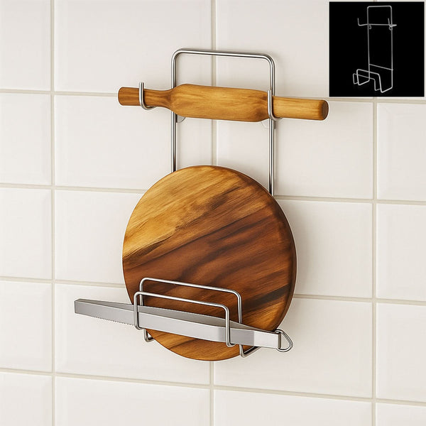 Chakla Belan Chimta Stand Rolling Pin Board Tong Holder Silver Stainless Steel Multi-Purpose Rack for Kitchen (1 Pc )