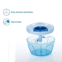 Hand-held chopper with stainless steel blades, compact and portable.