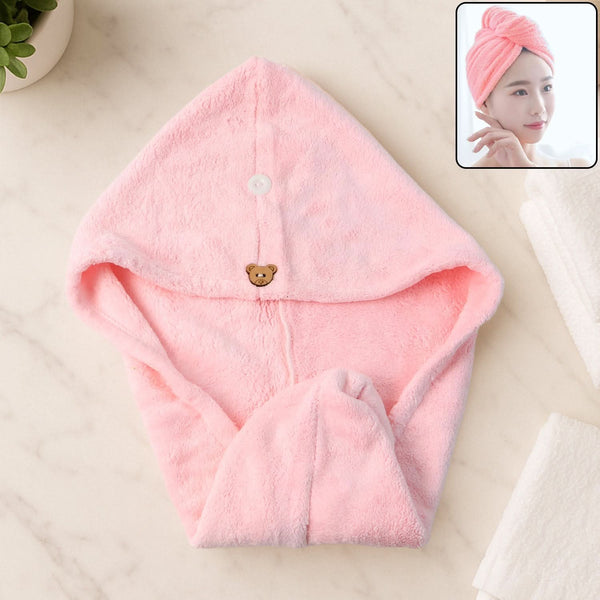 Cute Teddy Bear Button Microfiber Hair Wrap Towel